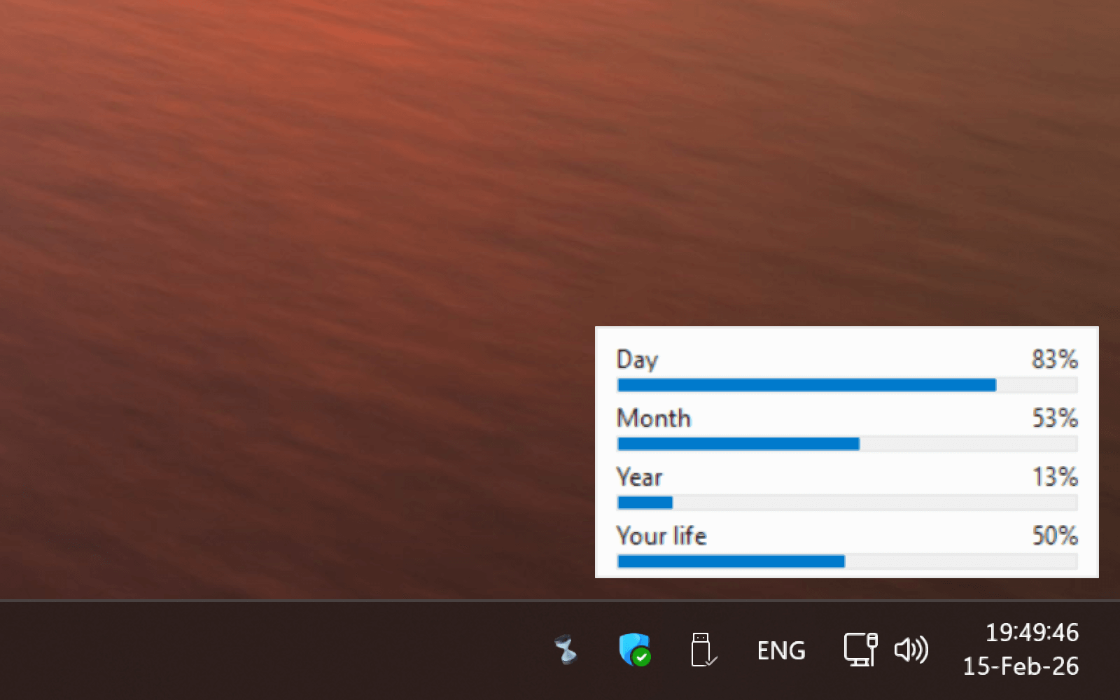 MoriTray popup showing Day/Month/Year/Your life progress bars